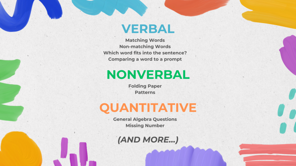 Verbal: Matching Words Non-matching Words Which word fits into the sentence? Comparing a word to a prompt NonVerbal: Folding Paper Patterns Quantitative: General Algebra Questions Missing Number