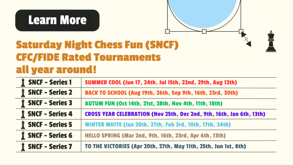 Sa﻿turday Night Chess Fun (SNCF) CFC/FIDE Rated Tournaments all year around!