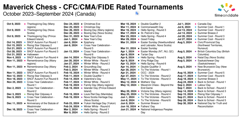Chess tournament Schedule - 2023 - 2024